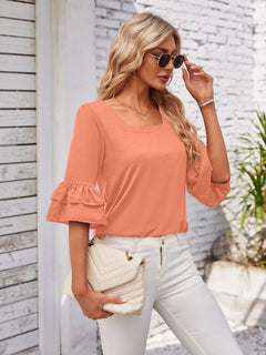 Ruffled Suqare Neck Half Sleeve Blouse