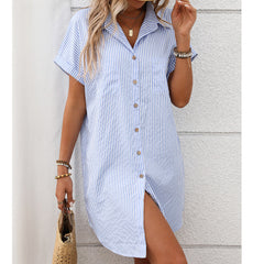 Short sleeved striped dress mid length shirt for women