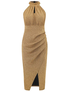 Slit Ruched Mock Neck Sleeveless Dress