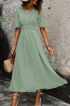 Smocked Quarter Button Short Sleeve Dress