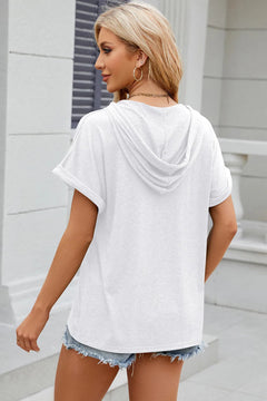 Solid color hooded button loose short sleeved T-shirt top for women