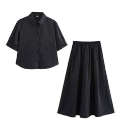 Solid color short shirt wide swing MIDI skirt