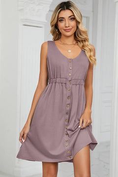 Solid color sleeveless button pocket round neck split waist dress