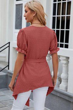 Solid color V-neck lace patchwork loose short sleeved dress