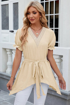 Solid color V-neck lace patchwork loose short sleeved dress