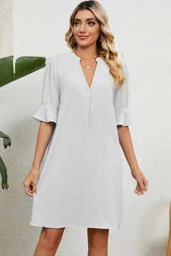 Solid color V-neck loose pleated five quarter sleeve dress for women