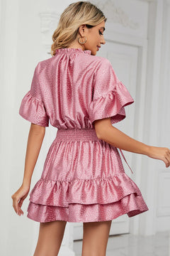 Solid color waist cinching loose V-neck lotus leaf dress for women