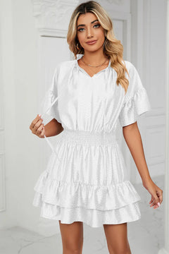 Solid color waist cinching loose V-neck lotus leaf dress for women
