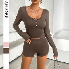 Sports style long sleeved T-shirt shorts set for women