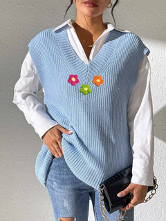Spring and Autumn V-neck Simple Vest Hand Hook Flower Splicing Machine Woven Sweater Clip
