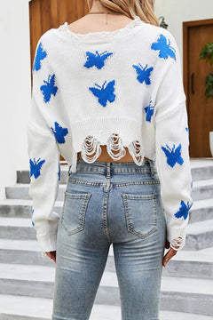 Spring V-neck ripped hole sexy exposed navel knitted sweater for women