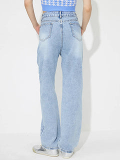 Straight embroidered loose high waisted denim pants
