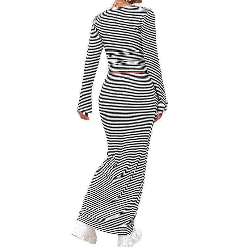 Striped T-shirt Butt Skirt Set