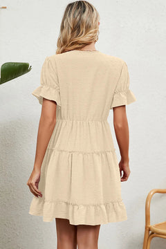 Summer Jacquard Hairball V-neck Loose Solid Color Elastic Waist Dress for Women