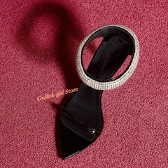Top Quality Crystal Strap Stiletto Sandals Sexy Pointed Toe Black Patend Leather Slip On Fashion   Summer New Arrivals Shoes