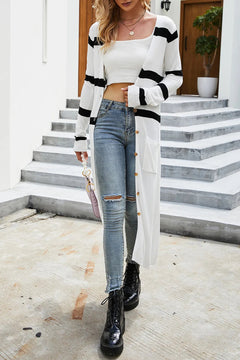 V-neck black and white striped knitted cardigan for women