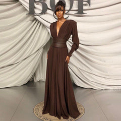 Waist closure pleated French dress in coffee color with V-neck and long sleeves