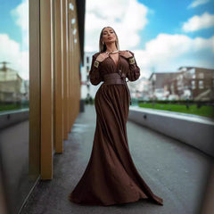 Waist closure pleated French dress in coffee color with V-neck and long sleeves