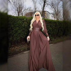 Waist closure pleated French dress in coffee color with V-neck and long sleeves