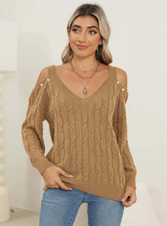 Women's autumn and winter deep V sexy off shoulder loose pullover sweater top for women