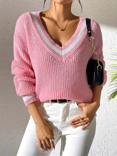 Women's College Style Women's Sweater Color Contrasting V-neck Loose Sweater