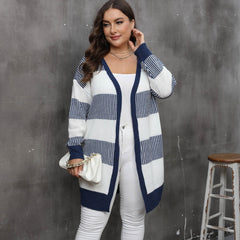 Women's contrasting striped spliced woven sweater long sleeved women's casual cardigan jacket