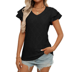 Women's European and American V-neck sweet short sleeved T-shirt hollowed out top