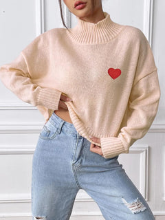 Women's high neck pullover sweater loose heart sticker casual base sweater