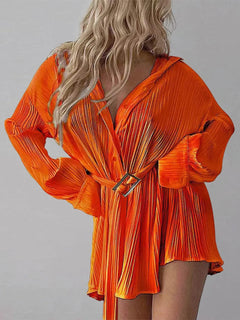 Women's new shirt collar fashionable women's elastic waist pleated long sleeved lace up dress