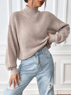 Women's semi high neck pullover sweater with mixed colors and floral patterns for autumn and winter base