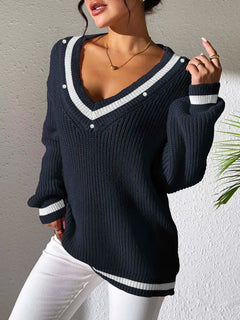 Women's Top Color Contrast Splicing V-neck Long Sleeve Sweater