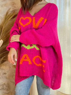 Women's V-neck letter loose and lazy knitted sweater