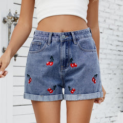 Women's versatile cherry embroidered denim shorts and hot pants